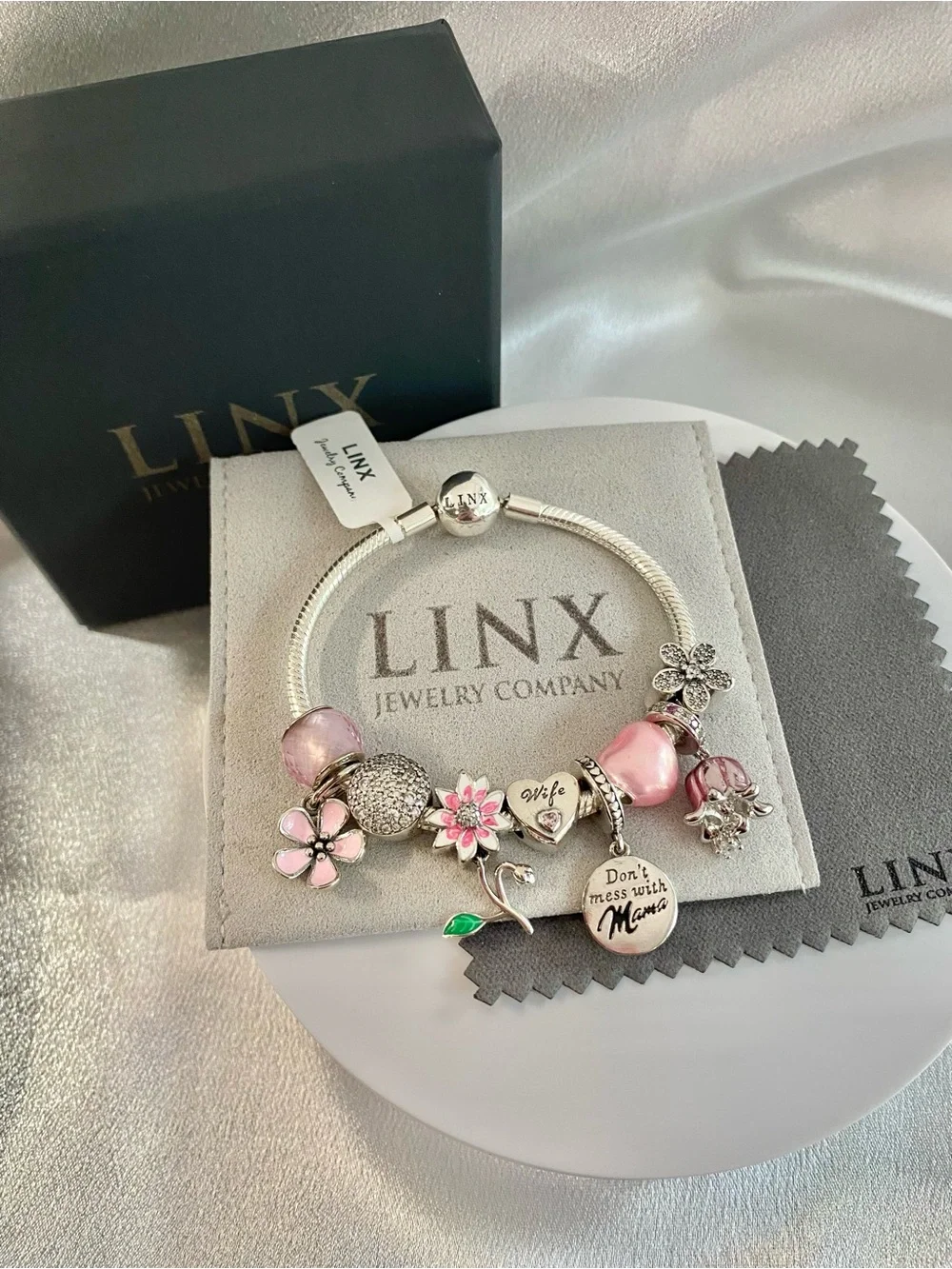 Linx Snake Chain Bracelet with Wife and Mom Themed Charms